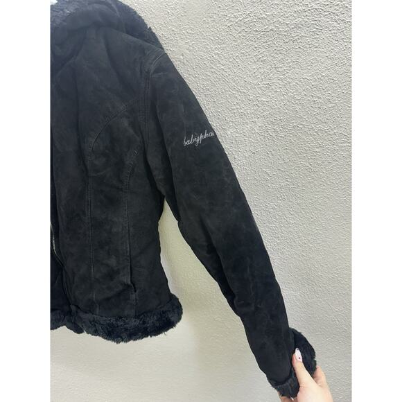 Baby Phat Womens Jacket Size Small Black Leather Faux Fur Lined Hooded ZipUp Y2K - Picture 2 of 14
